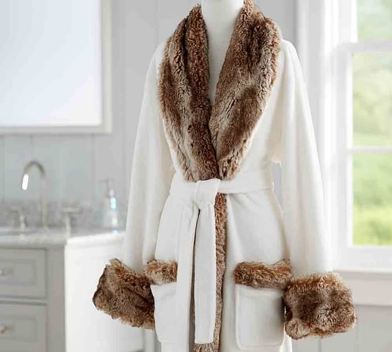 Pottery Barn FAUX FUR ROBE WITHOUT HOOD - IVORY/CARAMEL pottery barn faux fur sale