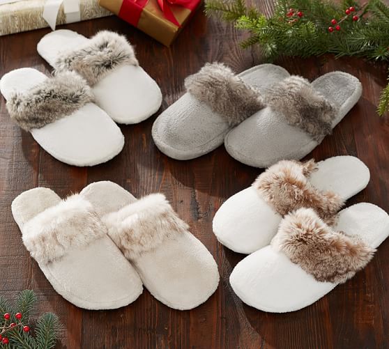 Pottery Barn FAUX FUR SLIPPERS Chinchilla Caramel Ombre