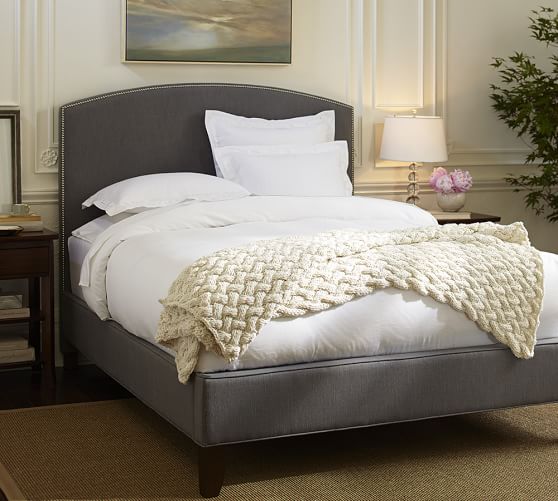 Pottery Barn FILLMORE CURVED UPHOLSTERED TALL BED & HEADBOARD Textured Twill Metal Gray Textured Twill Oatmeal pottery barn winter warehouse sale
