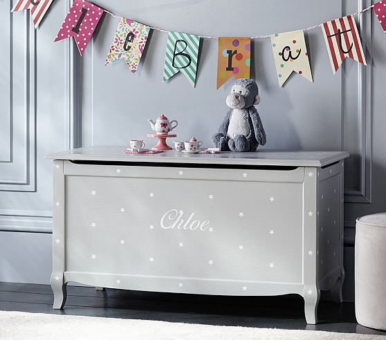 Pottery Barn Kids Claudia Toy Chest Vintage Soft Gray Stars pottery barn kids playroom sale