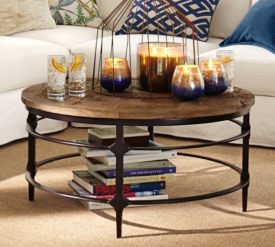 Pottery Barn PARQUET RECLAIMED WOOD ROUND COFFEE TABLE pottery barn premier event 