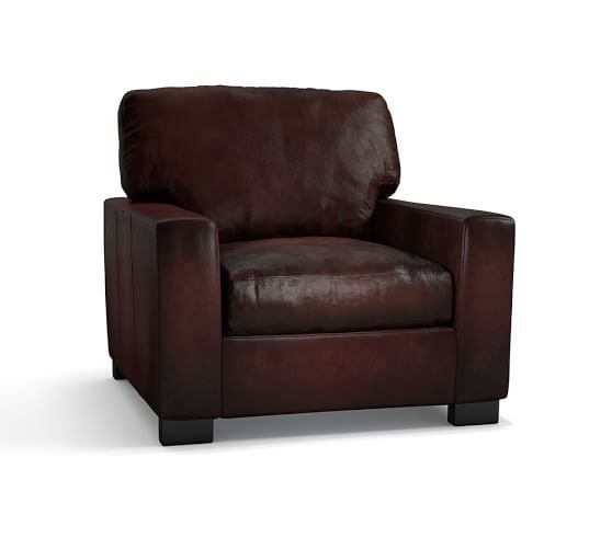 Pottery Barn TURNER SQUARE ARM LEATHER ARMCHAIR CRACKLED WALNUT pottery barn winter warehouse sale