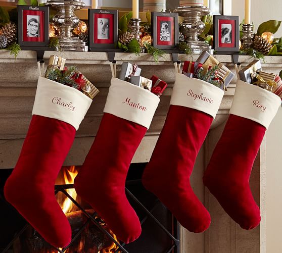 Pottery Barn VELVET STOCKING RED WITH IVORY CUFF pottery barn winter warehouse sale