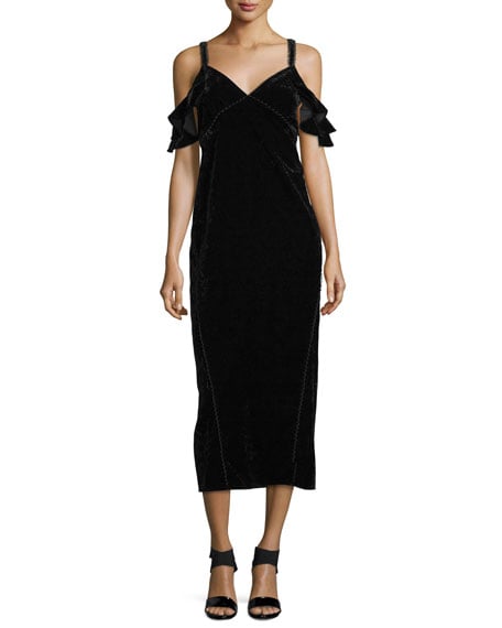 Rachel Zoe Kinsley Velvet Cold-Shoulder Slip Dress Black cold shoulder dresses new year's eve