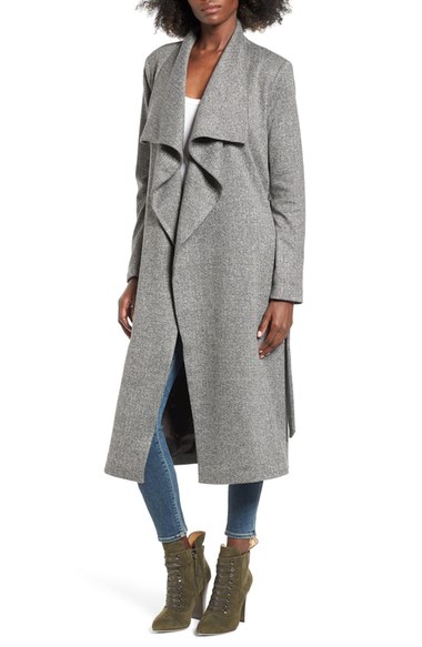ST. studio Drape Front Duster Coat Dark Grey Herringbone
