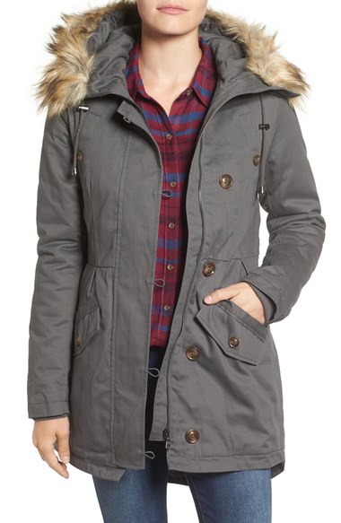 Sam Edelman Twill Pleat Skirt Parka with Faux Fur Trim Hood (Online Only) Dark Grey faux fur parkas winter 