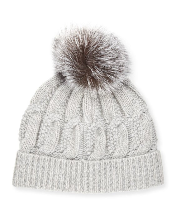 Sofia Cashmere Cable-Knit Cashmere Fur-Pom Beanie Hat, Gray Neiman Marcus friends and family sale