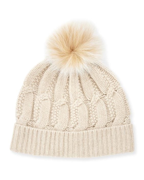 Sofia Cashmere Cable-Knit Cashmere Fur-Pom Beanie Hat, Oatmeal Neiman Marcus friends and family sale