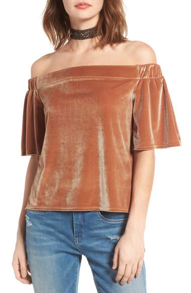 Sun & Shadow Velvet Off the Shoulder Top Tan Sugar velvet tops holiday party
