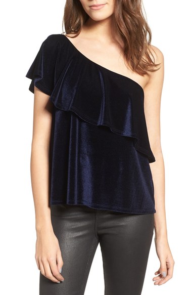 Ten Sixty Sherman Velvet One-Shoulder Top Navy Blue velvet tops holiday party season