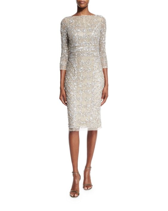 Theia 3/4-Sleeve Embellished Sheath Dress Platinum new year's eve sequin dresses