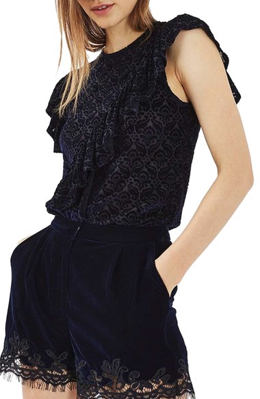 Topshop Devore Ruffle Top Navy Blue Velvet tops 