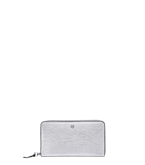 Tory Burch CRINKLE METALLIC ZIP CONTINENTAL WALLET Silver True Navy Pink tory burch extra 30% off sale