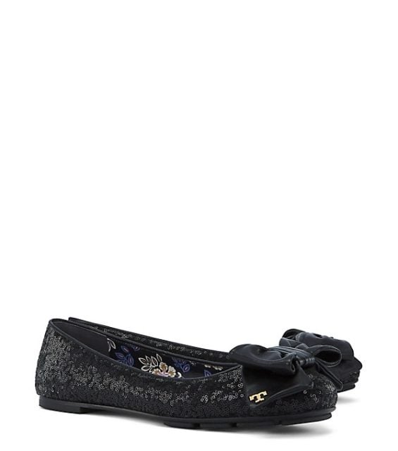 Tory Burch DIVINE SEQUIN BOW DRIVER BALLET FLAT Black tory burch semi-annual sale