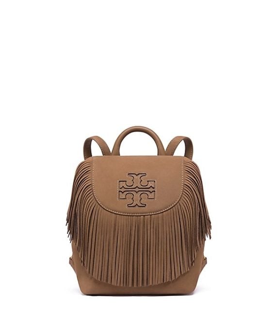 Tory Burch HARPER FRINGE MINI BACKPACK Otter Brown tory burch semi-annual sale