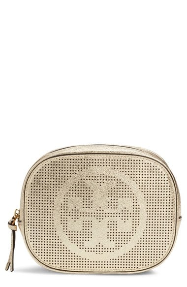 Tory Burch Logo Perforated Metallic Leather Cosmetics Case Spark Gold Nordstrom half yearly sale