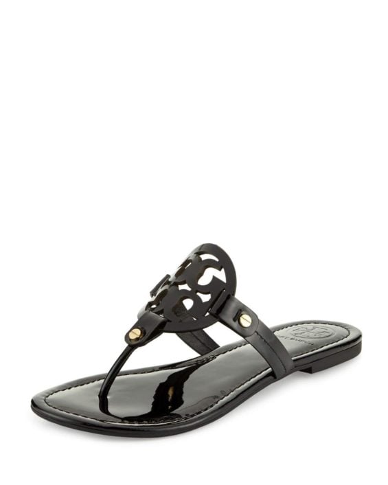 Tory Burch Miller Patent Logo Sandal, Black Neiman Marcus friends and family sale