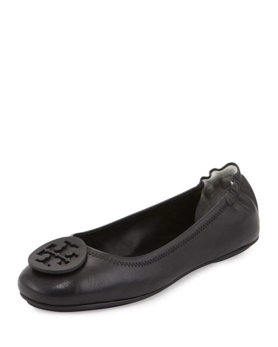 Tory Burch Minnie Travel Logo Ballerina Flat, Black Neiman Marcus friends and family sale