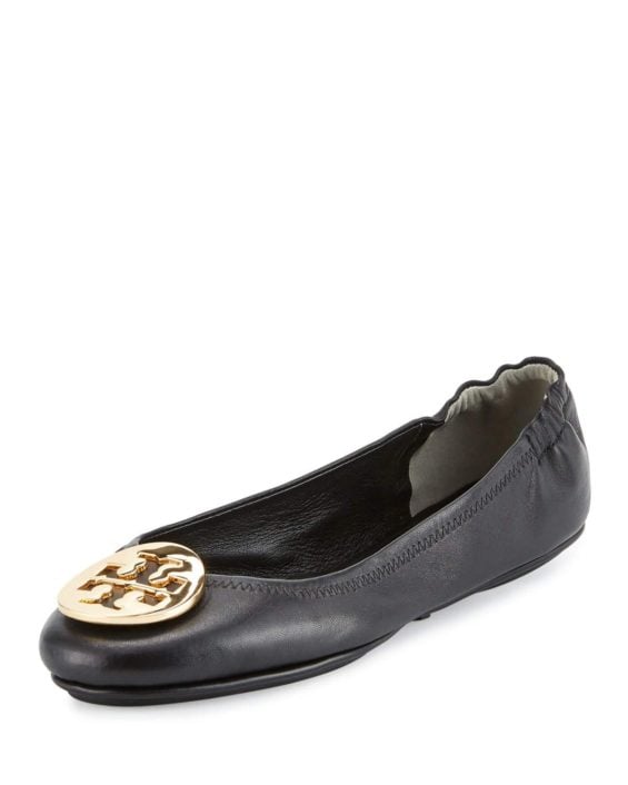Tory Burch Minnie Travel Logo Ballerina Flat, Black/Gold Neiman Marcus friends and family sale