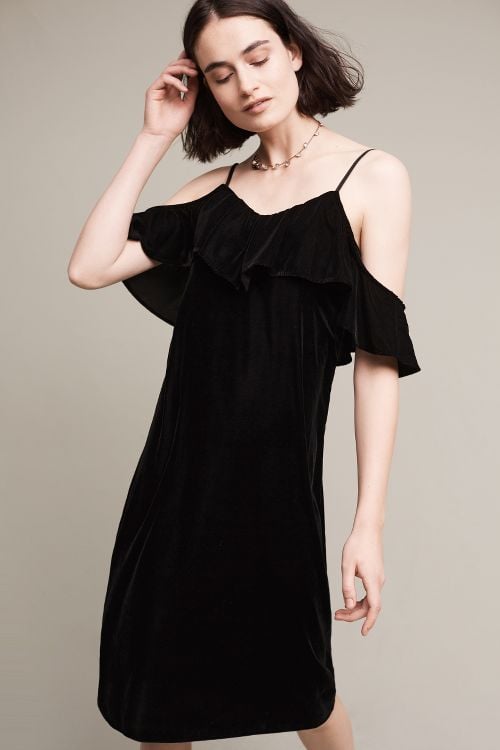 Tracy Reese Open-Shoulder Velvet Midi Dress Black cold shoulder dresses new year's eve