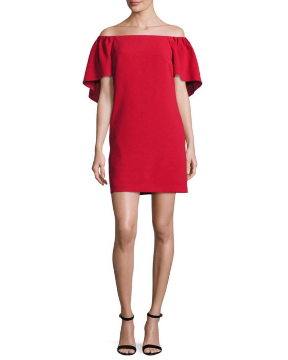 Trina Turk Zeal Crepe Off-the-Shoulder Mini Dress, Ruby Neiman Marcus friends and family sale
