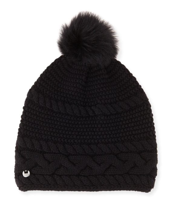 UGG Cable-Knit Beanie w/ Pompom, Black Neiman Marcus friends and family sale