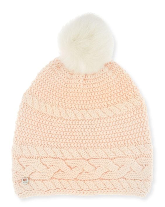 UGG Cable-Knit Beanie w/ Pompom, Pearl Neiman Marcus friends and family sale