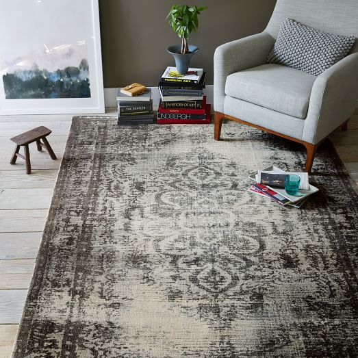 West Elm Distressed Arabesque Wool Rug - Steel west elm new year sale