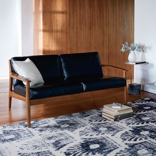 West Elm Mathias Mid-Century Wood Frame Leather Sofa Black Leather west elm cyber week sale