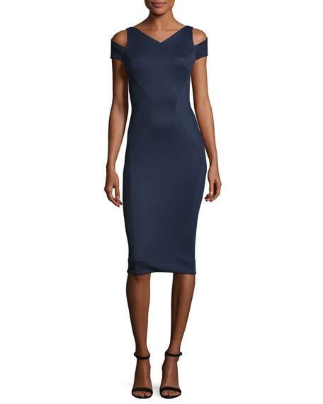 Zac Posen Cold-Shoulder V-Neck Sheath Dress Navy Blue cold shoulder dresses new year's eve