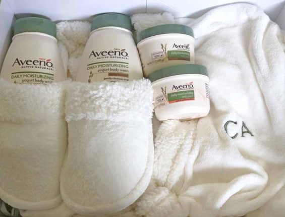 I'm obsessed with the monogrammed Pottery Barn robe they sent me, the slippers and the Aveeno Daily Moisturizing Body Yogurt, and Aveeno Daily Moisturizing Yogurt Body Wash. Aveeno Ambassador Candace Rose