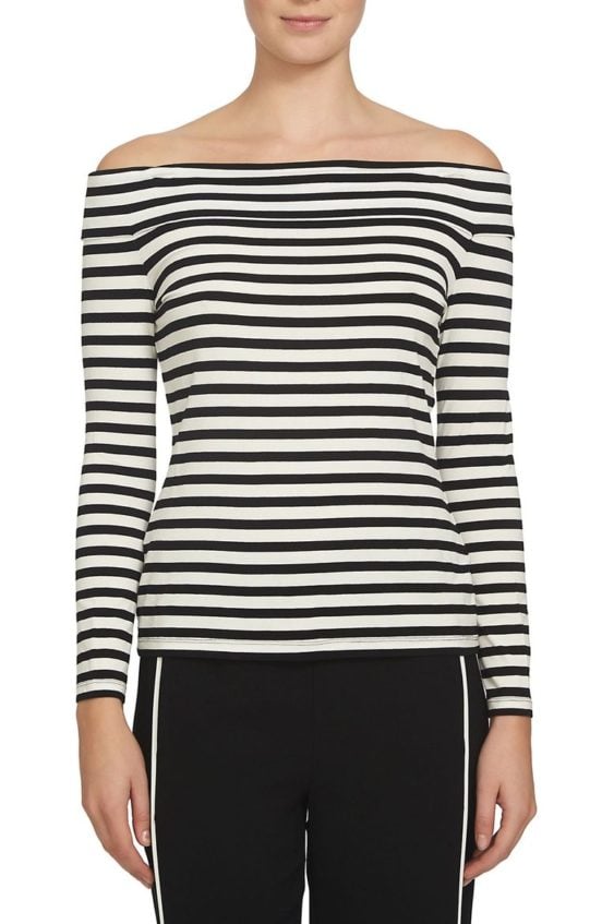 1.State Off the Shoulder Stretch Jersey Top Rich Black Stripe off the shoulder tops winter 2017