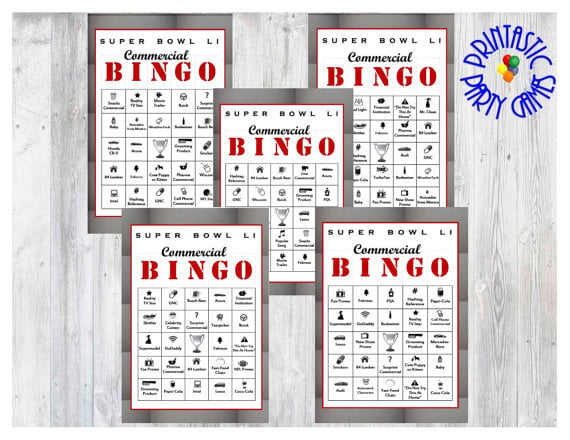 30 Printable Super Bowl LI Commercial BINGO Cards By Printastic Party Games super bowl li party games