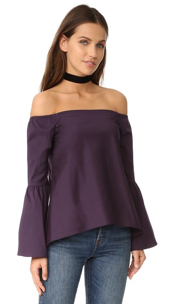 525 America Off Shoulder Bell Sleeve Top Eggplant