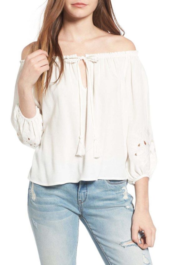 ASTR Embroidered Off the Shoulder Top Ivory