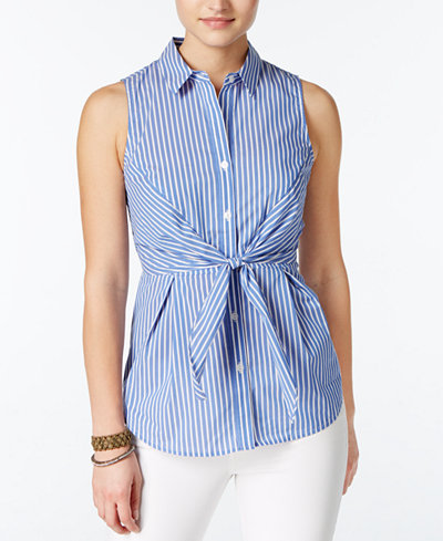 BCX Juniors' Striped Tie-Front Blouse Blue/White Stripes