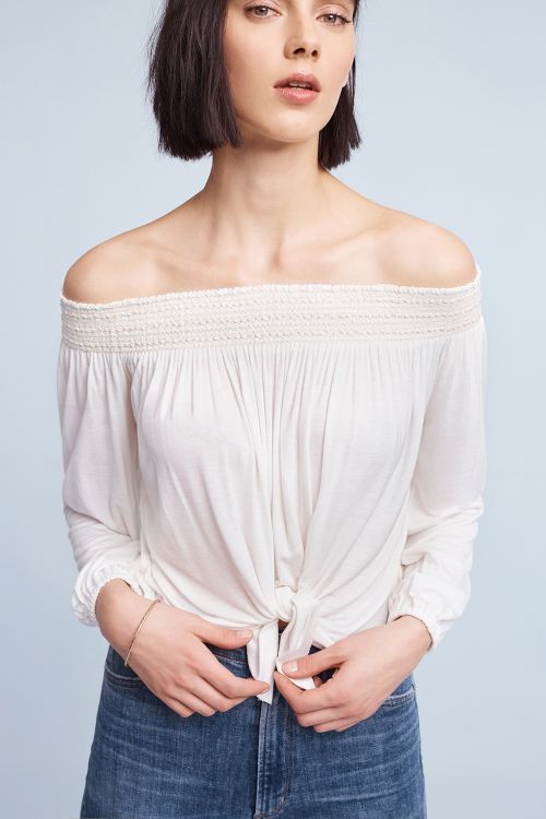 Bailey 44 Smocked Off-The-Shoulder Tie Front Top White