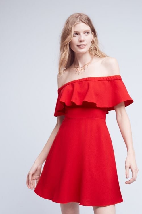 Black Halo Penelope Off-The-Shoulder Ruffle Dress Red  ruffle sleeve dresses