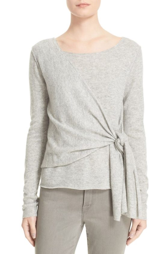 Brochu Walker Seine Cashmere Sweater Mist Grey Melange tie front tops