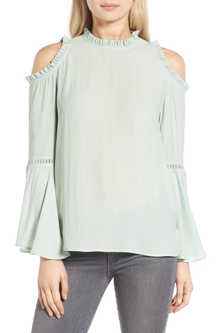 Chelsea28 Ruffle Edge Cold Shoulder Blouse Green Fondant bell sleeves