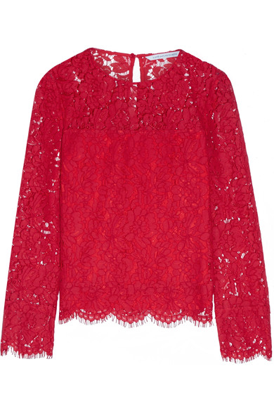 DIANE VON FURSTENBERG Yeva corded lace top red bell sleeve tops