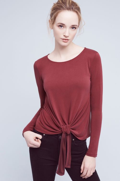 Deletta Tie-Front Top Wine Anthropologie clothing sale 