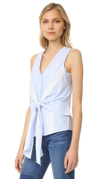 Derek Lam 10 Crosby Sleeveless Stripe Tie Front Top Oxford Multi tie front tops
