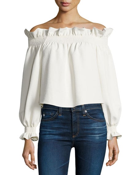 Diane von Furstenberg Georgie Off-the-Shoulder Top Canvas White off the shoulder tops winter 2017