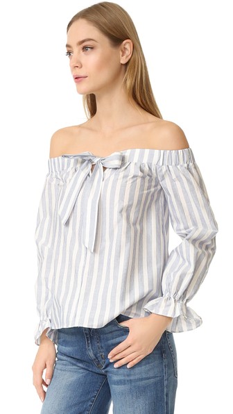 ENGLISH FACTORY Stripe Off Shoulder tie front Tops White Blue 