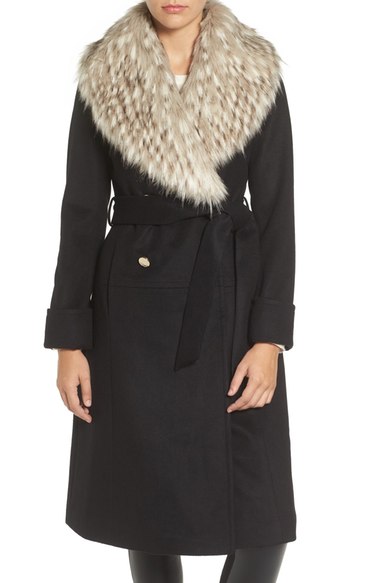Eliza J Faux Fur Collar Belted Wool Blend Long Coat Black double breasted coats