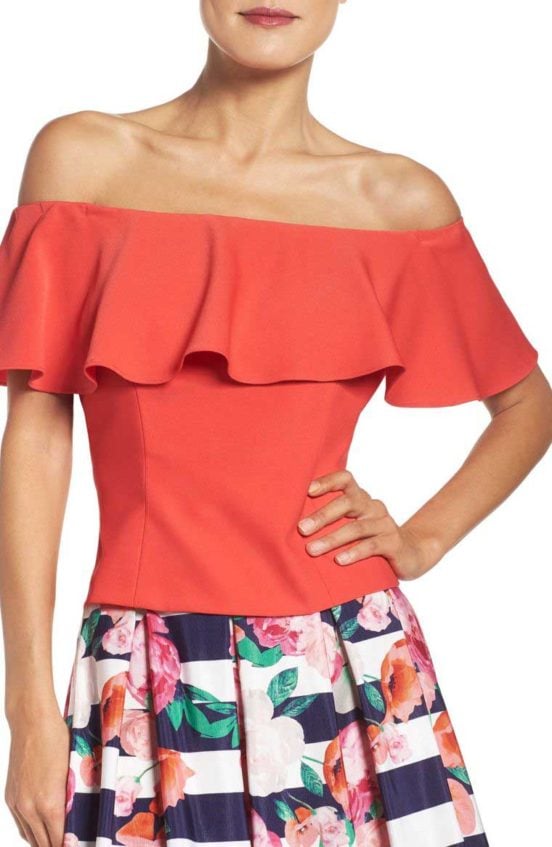 Eliza J Ruffle Off the Shoulder Top Poppy off the shoulder tops for winter