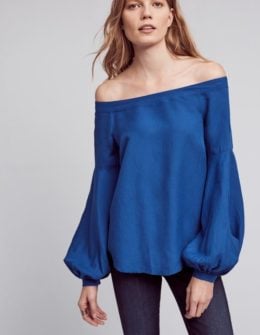 Floreat Poppy Bell Sleeve Off The Shoulder Blouse Sapphire Blue Anthropologie clothing sale