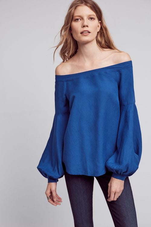 Floreat Poppy Bell Sleeve Off The Shoulder Blouse Sapphire Blue Anthropologie clothing sale