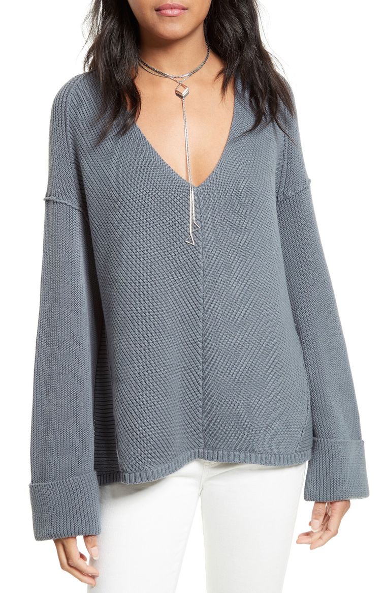 Free People La Brea V-Neck Sweater Slate bell sleeve tops for winter